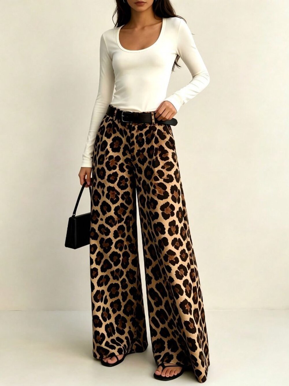 Multicolor Casual Women's Leopard Print Belted Pleated High Waist Wide Leg Pants